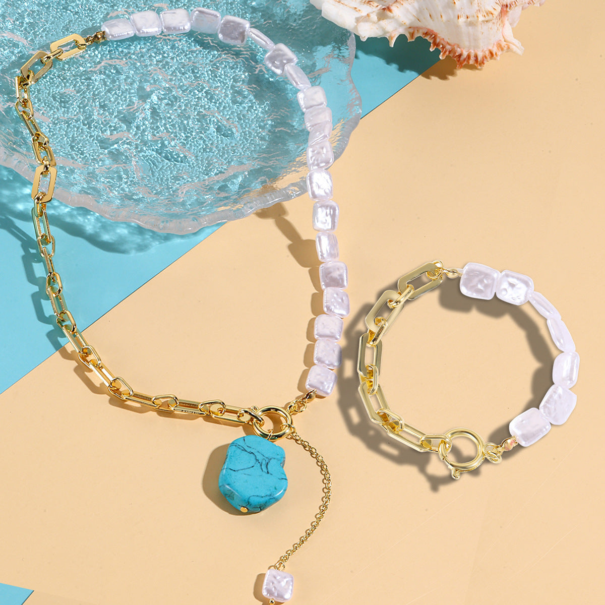 Wholesale Necklace  Niche Design Heart Pendant Simple High-End Turquoise Clavicle Chain Bracelet Set