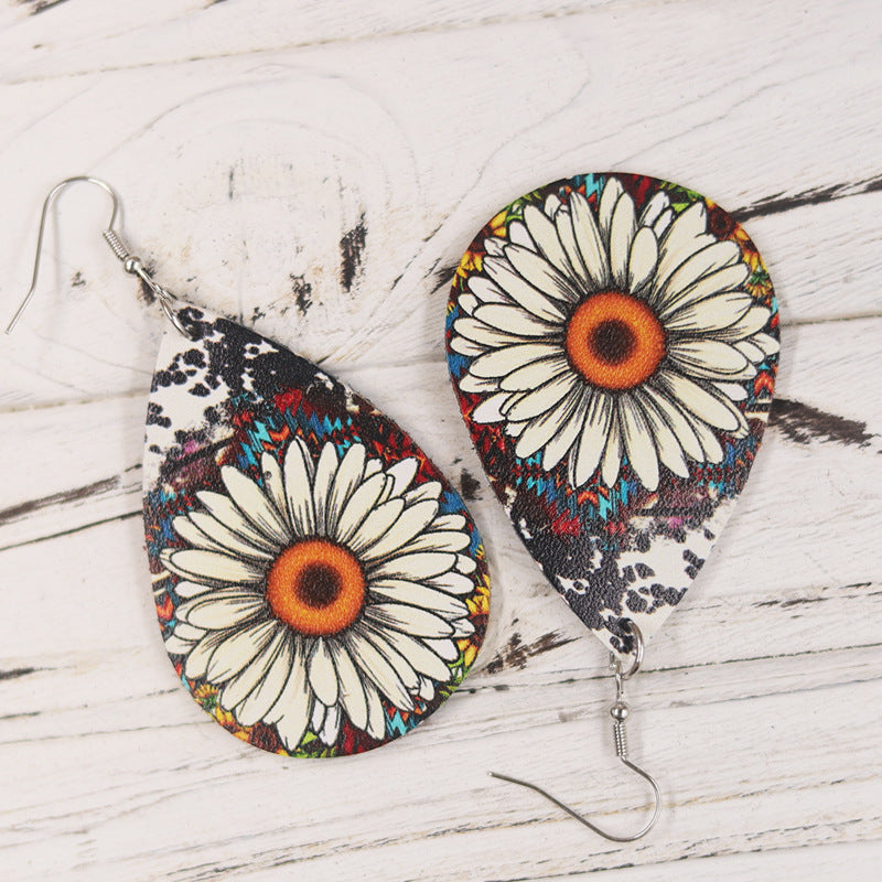 Wholesale  Cute Sunflower Leopard Print Leather Earrings