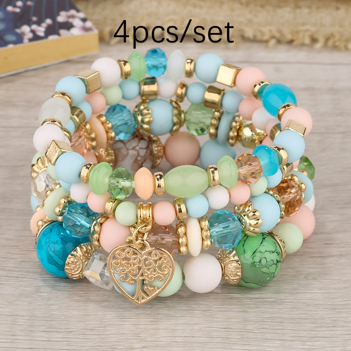 Wholesale Coffee Glass Bead Bohemian Bracelet Set Heart Pendant Tassel Jewelry
