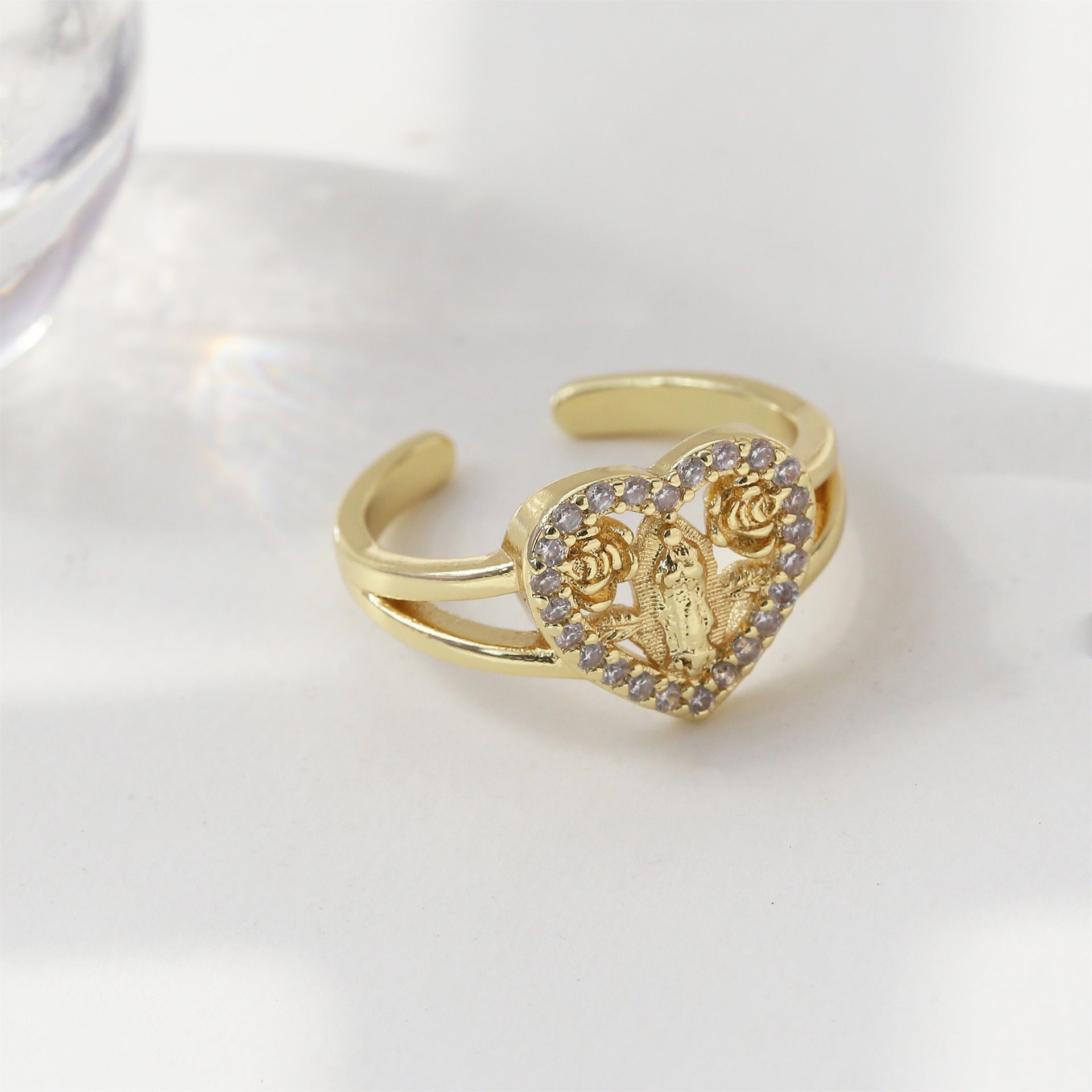 Wholesale TK trendy gold-plated bronze religious heart-shaped flower Virgin Mary open ring for ladies.
