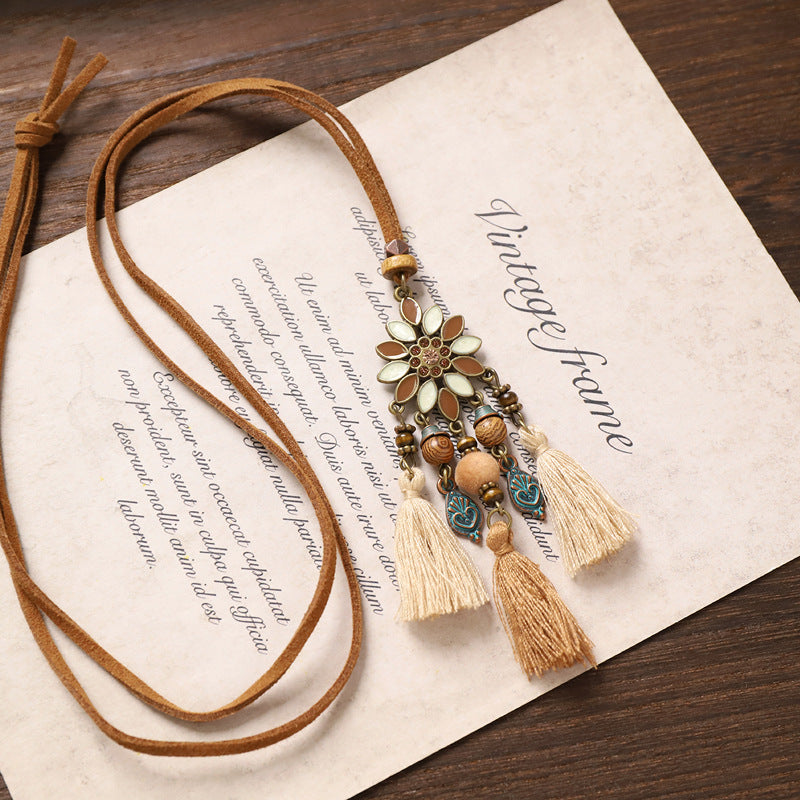Wholesale Bohemian Vintage Long Tassel Necklace,  Handwoven Mixed Material Pendant,  Chic Jewelry Accessory for Women