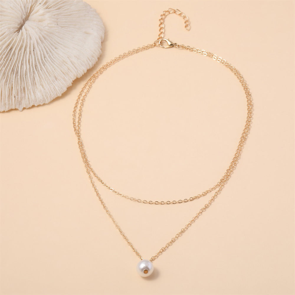 Wholesale single pearl pendant double-layer necklace adjustable necklace