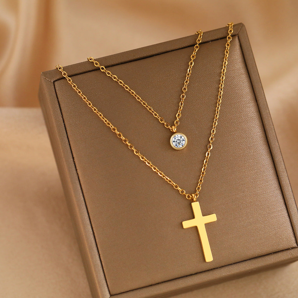 Wholesale Stainless Steel Layered Cross Pendant Necklace With Zircon And Pearl Chic Fashion Jewelry For Women Boutique Resale