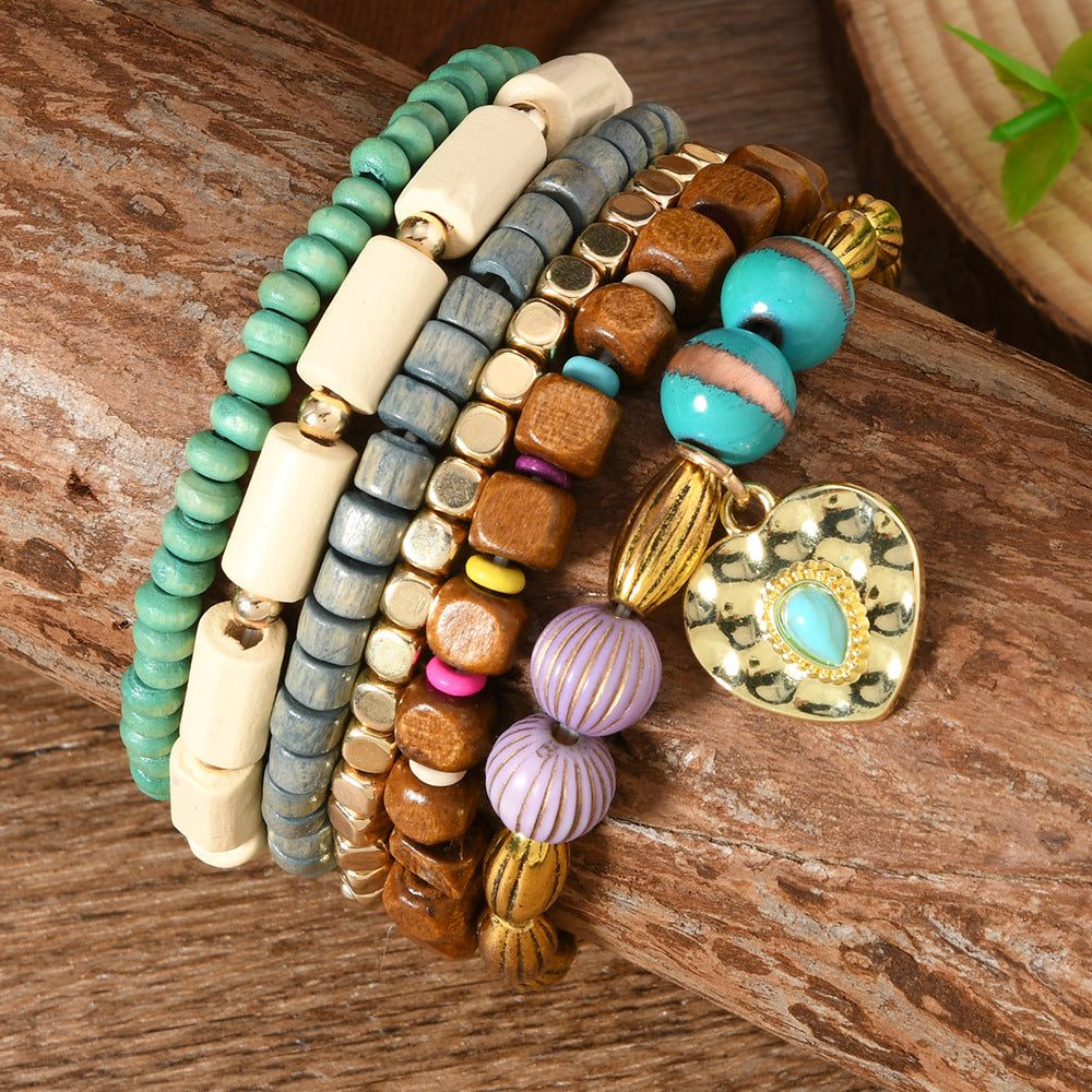 Wholesale 6-piece set wooden beaded leather men's and women's bracelet