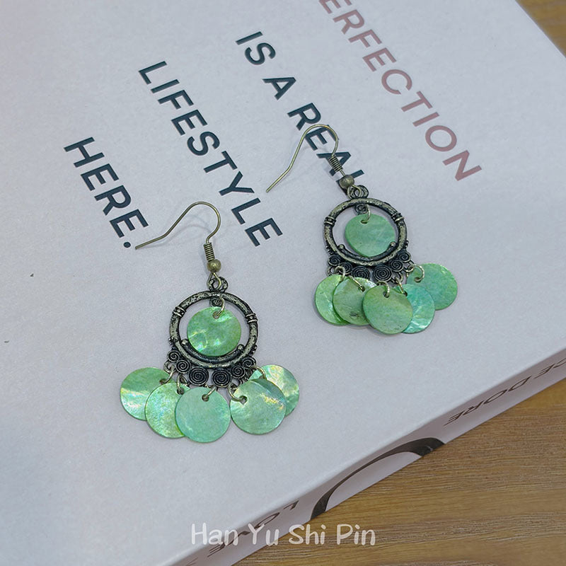 Wholesale Vintage Green Geometric Tassel Earrings Electroplated Mixed Material Jewelry Accessory