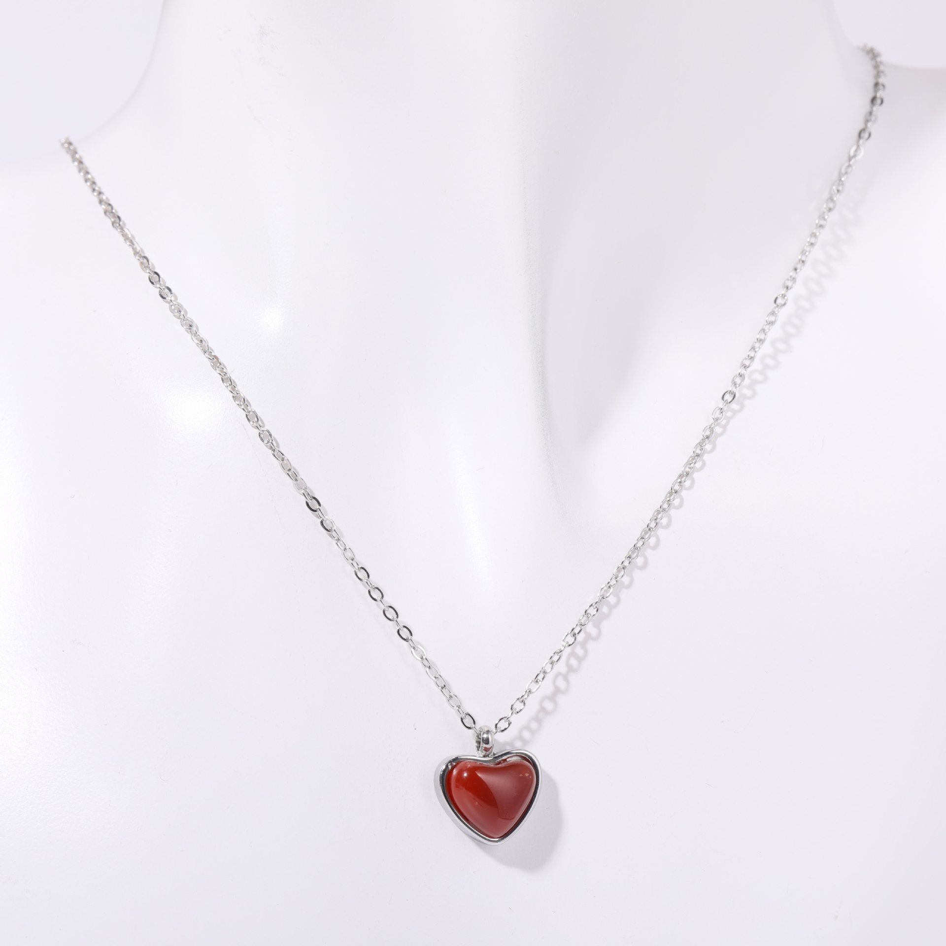 Wholesale Titanium Steel Natural Stone Red Agate Pendant Necklace Heart-Shaped Necklace Earrings