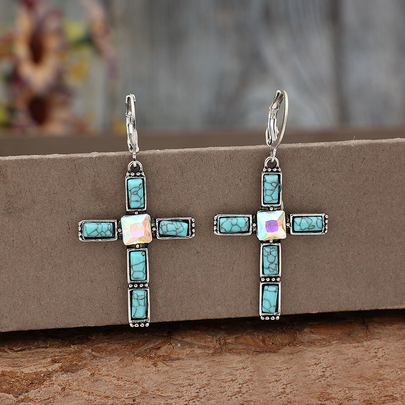Wholesale w Retro Style Cross Inlaid Turquoise Earrings Bohemian Long Earrings