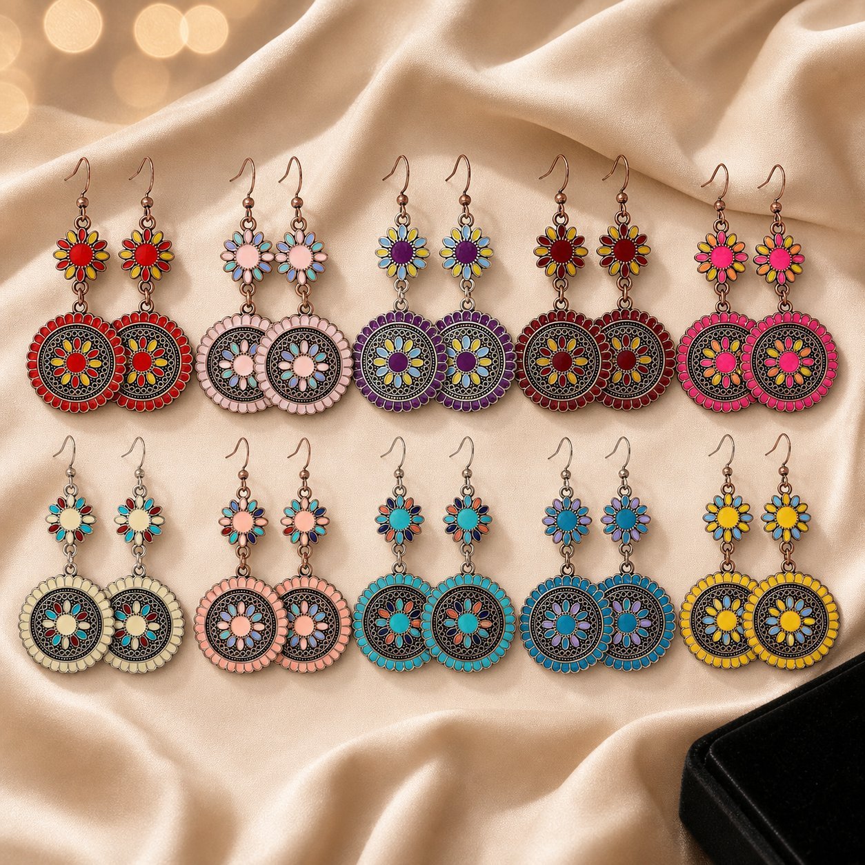 Wholesale Bohemian Geometric Round Oil Drop Earrings Bronze Red Alloy Flower Design Boutique Resale Jewelry Accessory