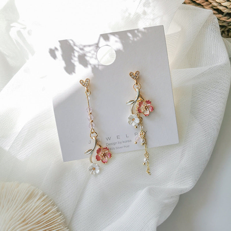 Wholesale Love Cherry Blossom Asymmetrical AB Long Tassel Rhinestone Oil Earrings