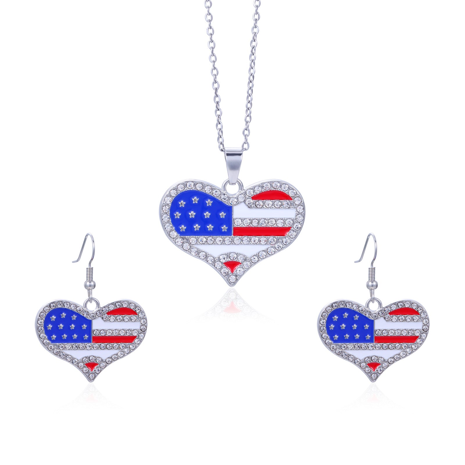 Wholesale American Independence Day Alloy Diamond Flag Stripe Earrings Necklace Set ACC-ES-BinLi001