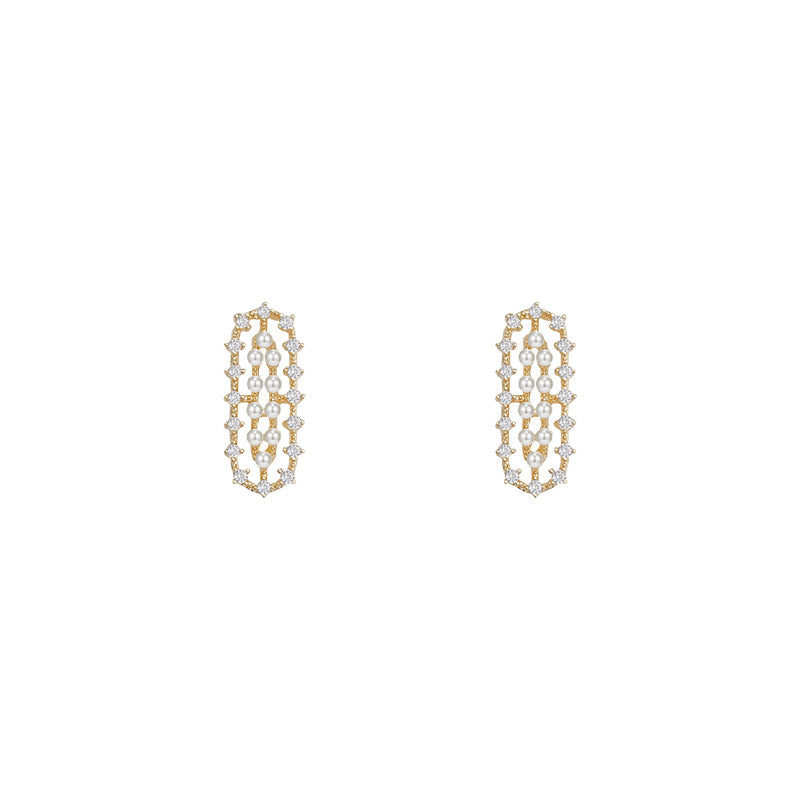 Wholesale S925 silver needle  geometric earrings micro inlaid zircon pearl earrings