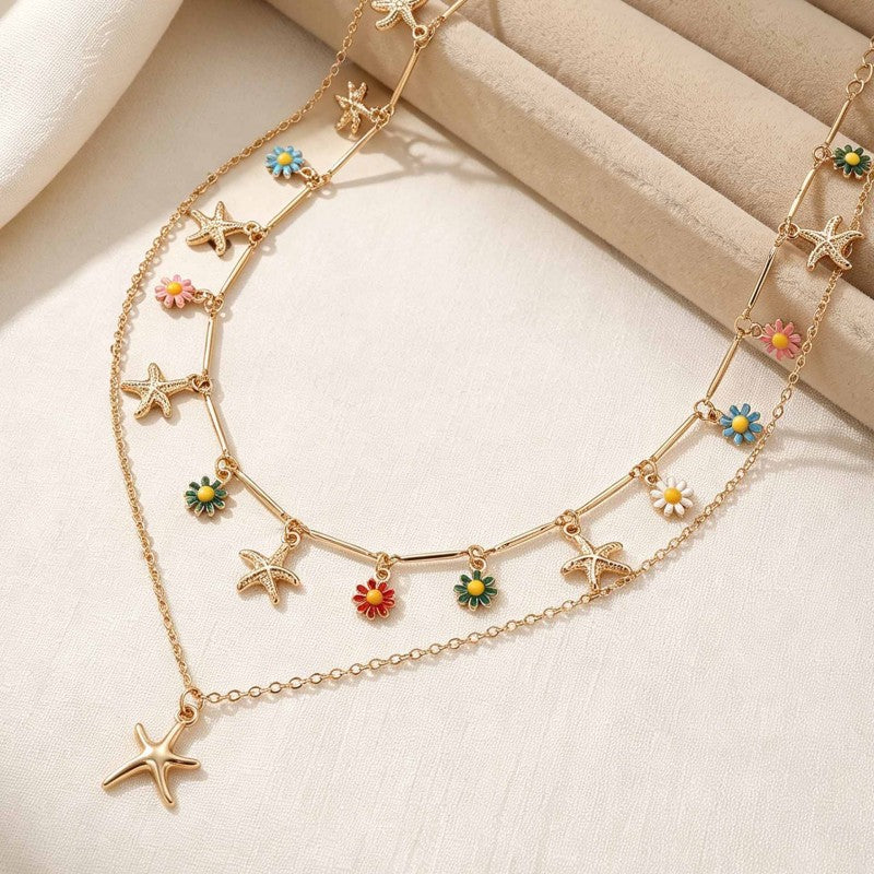 Wholesale Gold Starfish Pendant Double Layer Clavicle Chain With Drop Enamel Flower Design Fashion Jewelry Accessory For Casual Wear