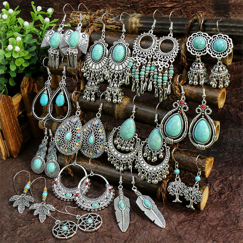 Wholesale Bohemian Geometric Turquoise Metal Earrings Fashion Accessory for Gift