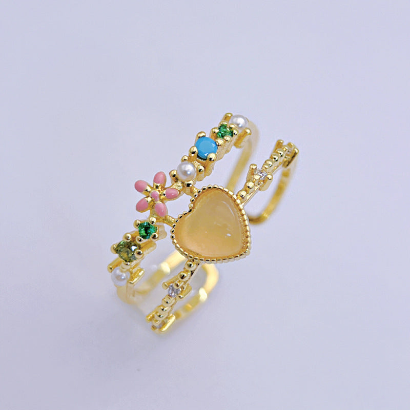Wholesale Pink Double Layer Flower Love Ring Open Zircon Inlaid Rings ACC-RS-YXY013