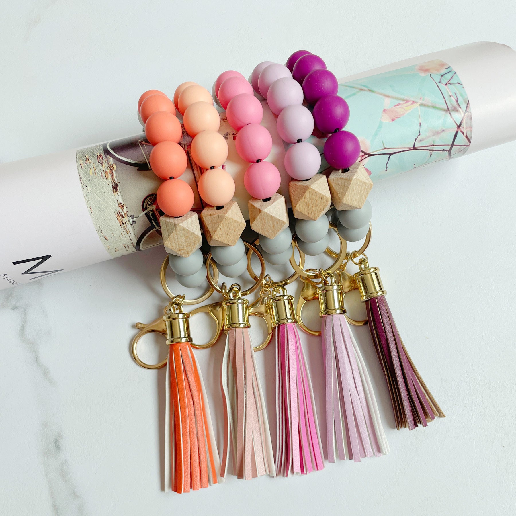 Wholesale Silicone Beads Bracelet Wooden Beads Leopard Print Cow Print Wristlet Keychain ACC-KC-Jinz001