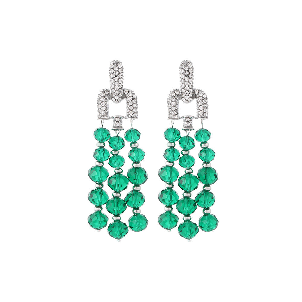 Wholesale Green crystal beaded tassel long light luxury earrings
