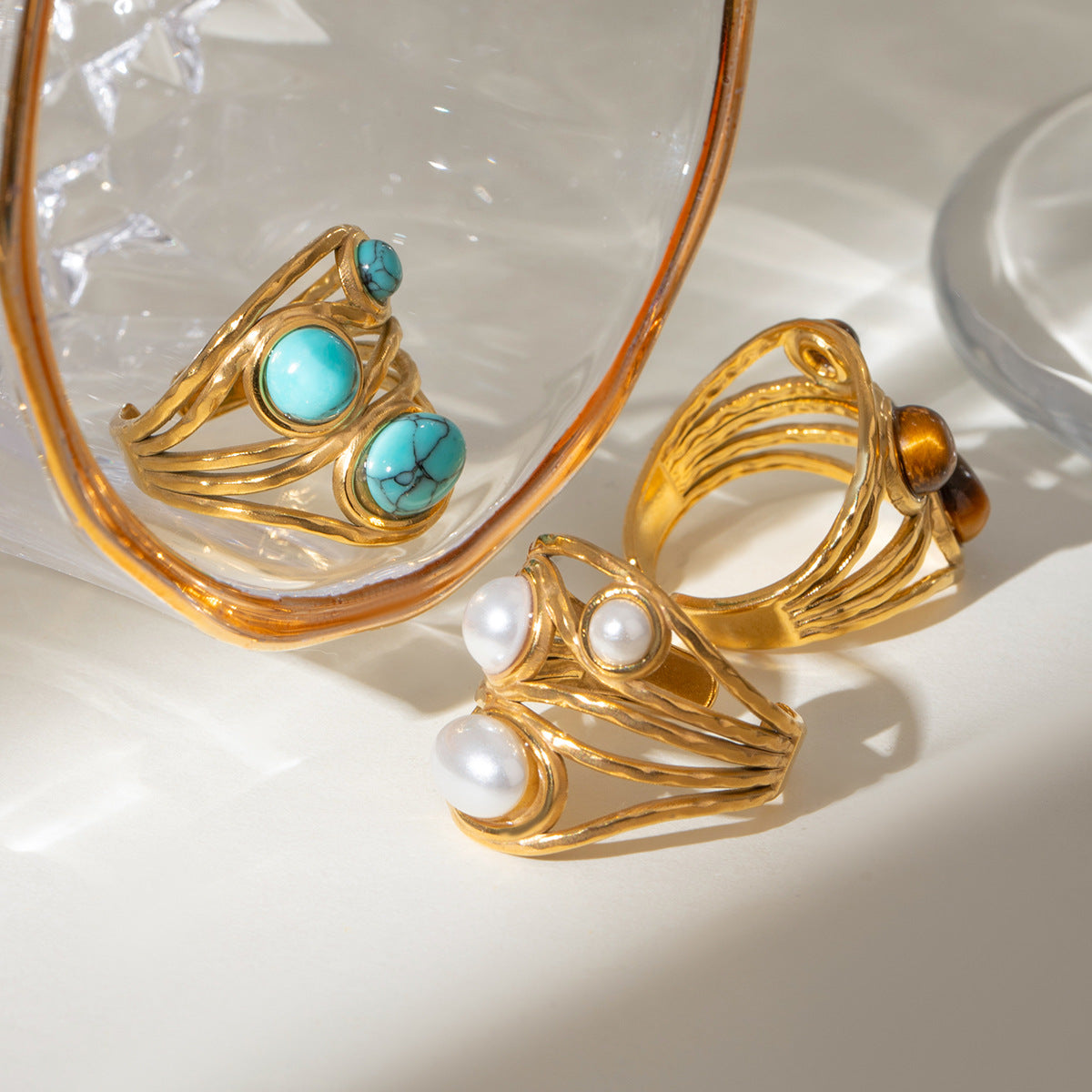 Wholesale Natural Stone Stainless Steel Open Rings ACC-RS-WanXing003