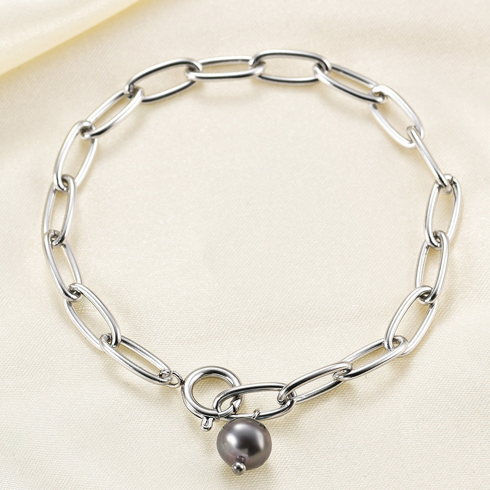 Wholesale titanium steel retro punk simple black pearl cross bracelet