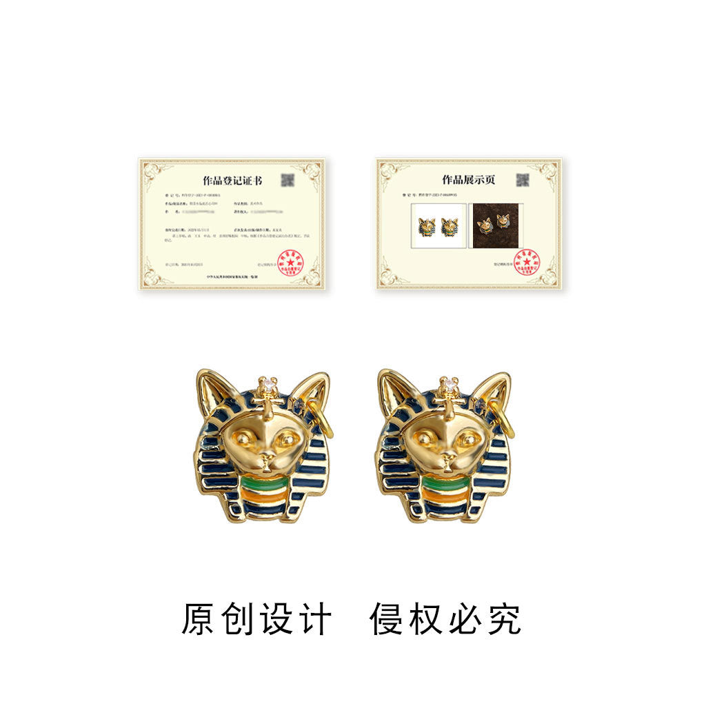 Wholesale Egyptian Cat Pharaoh Painted Enamel Earrings,  Silver Plated Geometric Irregular Earrings,  Fashion Jewelry Accessory for Party or Gift