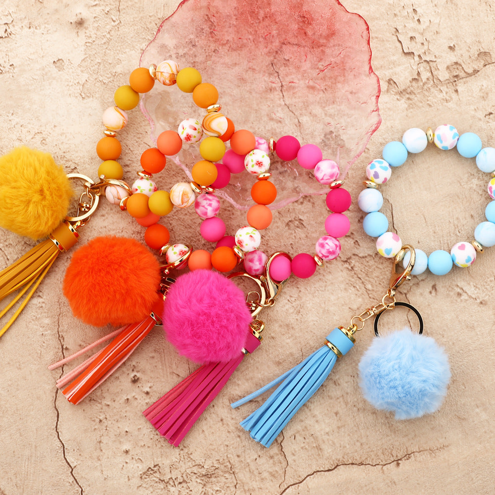 Wholesale  Silicone Bead Bracelet  Wrist Hair Ball Keychain