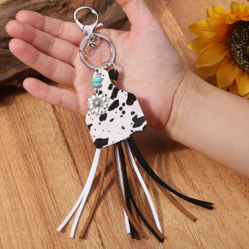 Wholesale Western Style Leopard Fringe Pinestone Sunflower Keychain ACC-KC-HY011