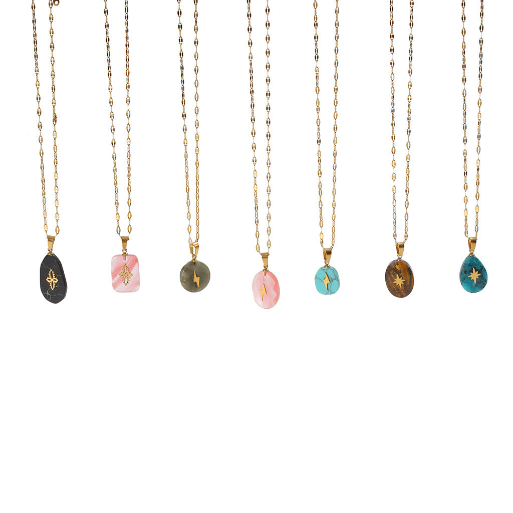 Wholesale Light Luxury Cross Pendant Necklace with Natural Stone,  Stainless Steel Handmade Chain,  Fashion Jewelry Accessory