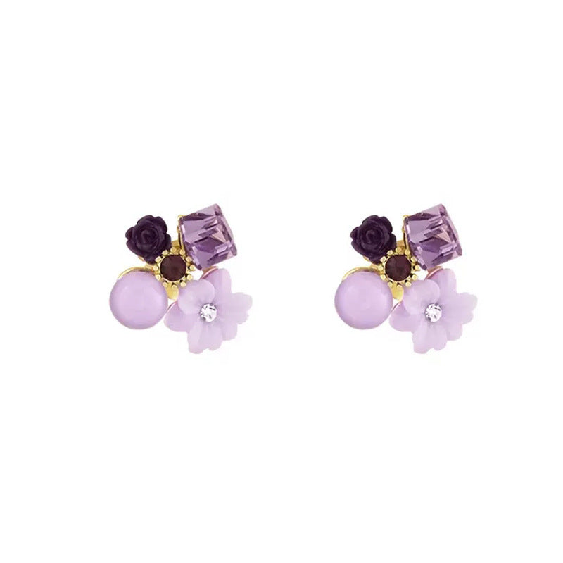 Wholesale Trendy Purple Crystal Flower Stud Earrings for Women,  Alloy Electroplated Jewelry Accessory,  Gift Resale