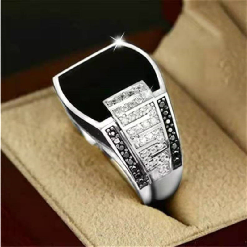 Wholesale Gold Wide Face Black Diamond Men' s Ring