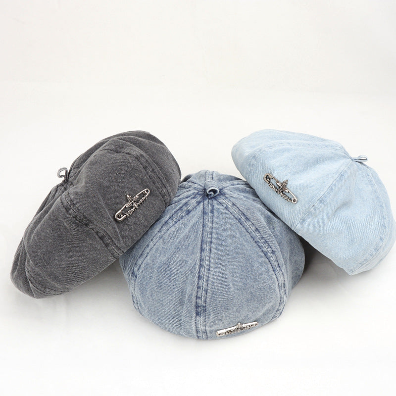 Wholesale Beret  retro washed distressed metal label pin Denim hat