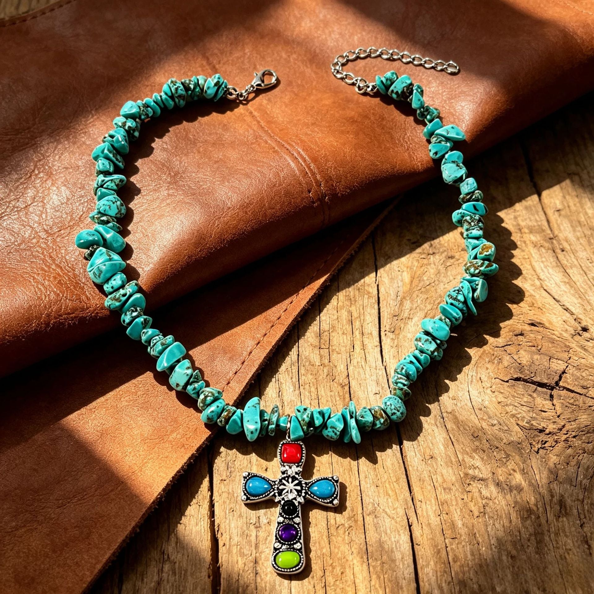 Wholesale Retro Turquoise Chip Stone Cross Pendant Choker Necklace Chic Fashion Jewelry Accessory For Gift Boutique Resale