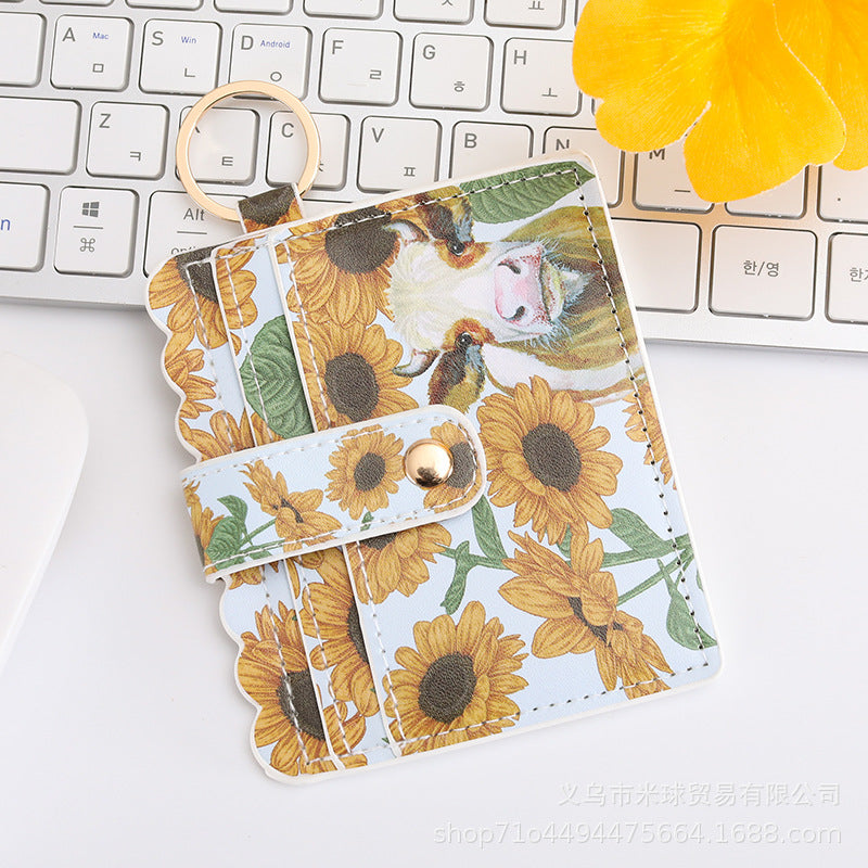 Wholesale Western Style Sunflower Cow Head Cow Pattern Cactus PU Pickup Bag Keychain ACC-KC-MiQiu002