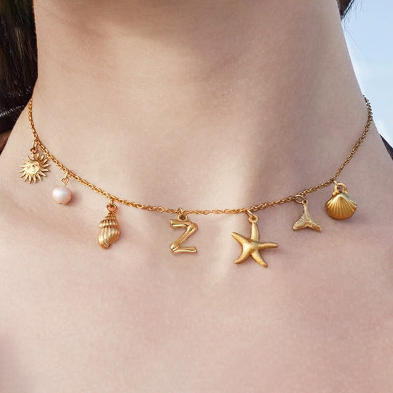 Wholesale Bohemian Shell Starfish Gold Electroplated Copper Alphabet Pendant Necklace for Women Fashion Accessory