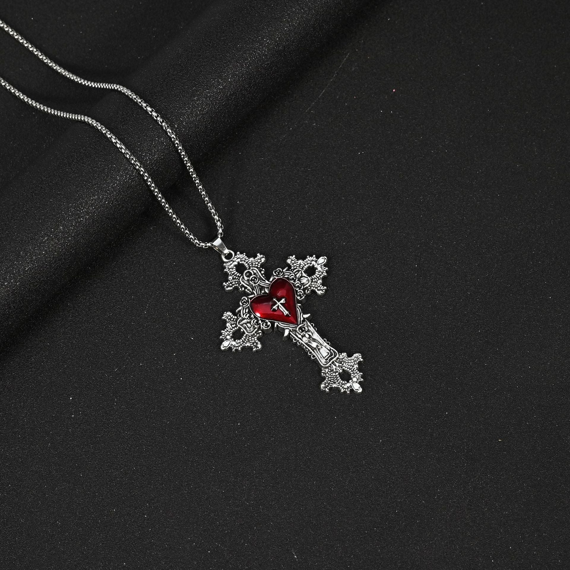 Wholesale Gothic Vampire Punk Rock Cross Pendant Necklace Pink Enamel Finish Stainless Steel And Zinc Alloy Square Pearl Chain Jewelry Accessory For Boutique Resale