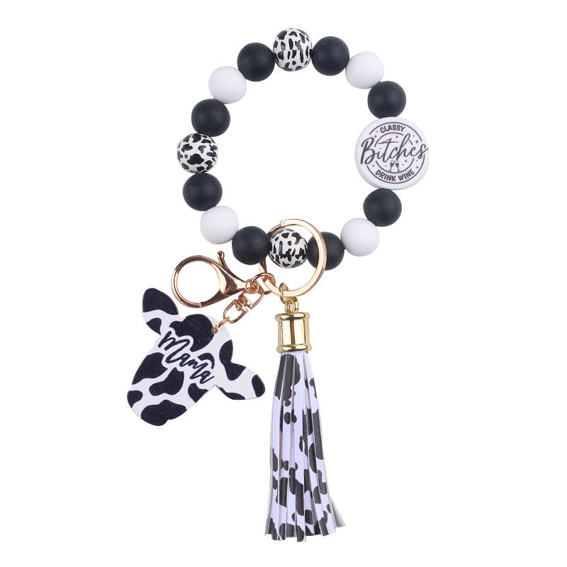 Wholesale Western Style Cow Pattern MOM Tassel Wrist Keychain Mother's Day ACC-KC-GuangTian054
