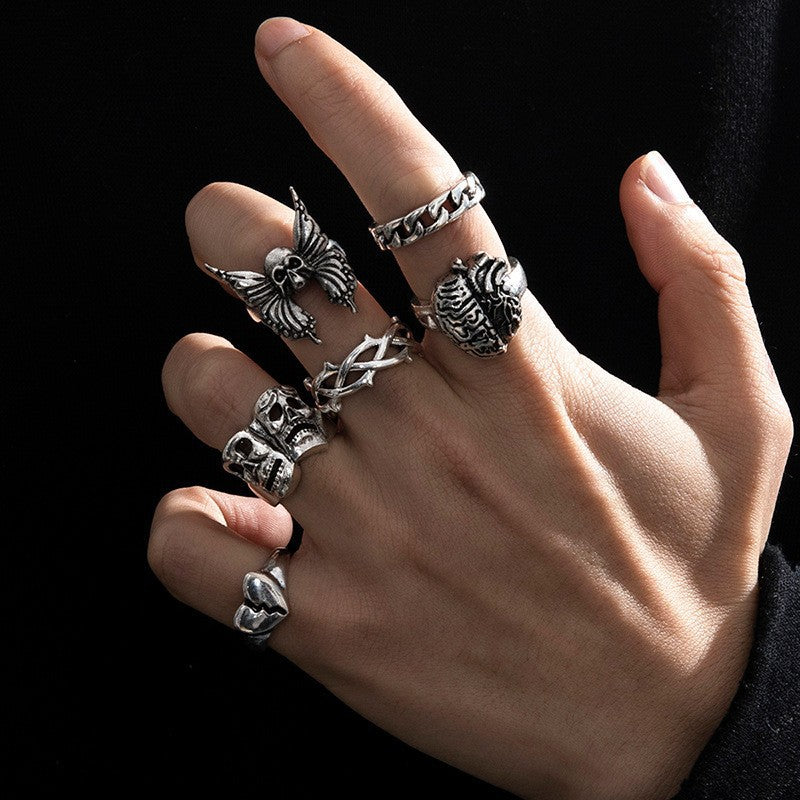 Wholesale Gothic Skull Ring Set Men' s Retro Hip-Hop Fashion Jewelry Accessory
