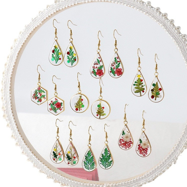 Wholesale Christmas Dried Flower Resin Preserved Flower Earrings