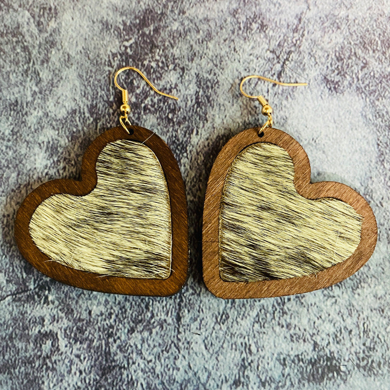 Wholesale  Leather  Love Leopard Horse Hair Inlaid Wooden Earrings