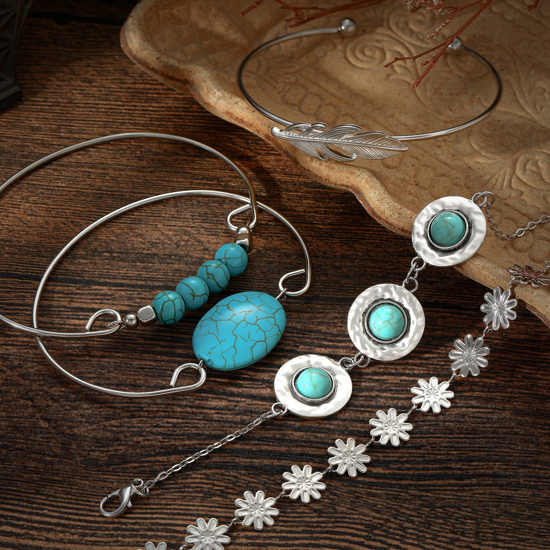 Wholesale Turquoise Feather Flower Bracelet Set - Ethnic Style 5-Piece Jewelry for Gift or Everyday Wear