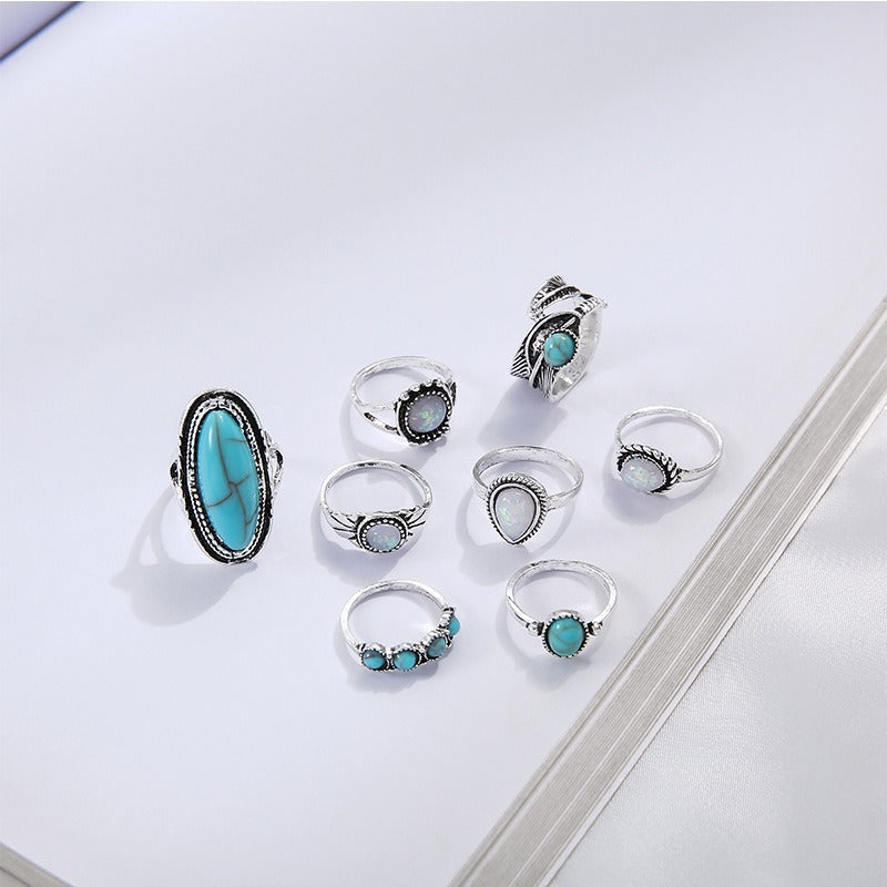 Wholesale Retro Set Turquoise Feather Ring Set