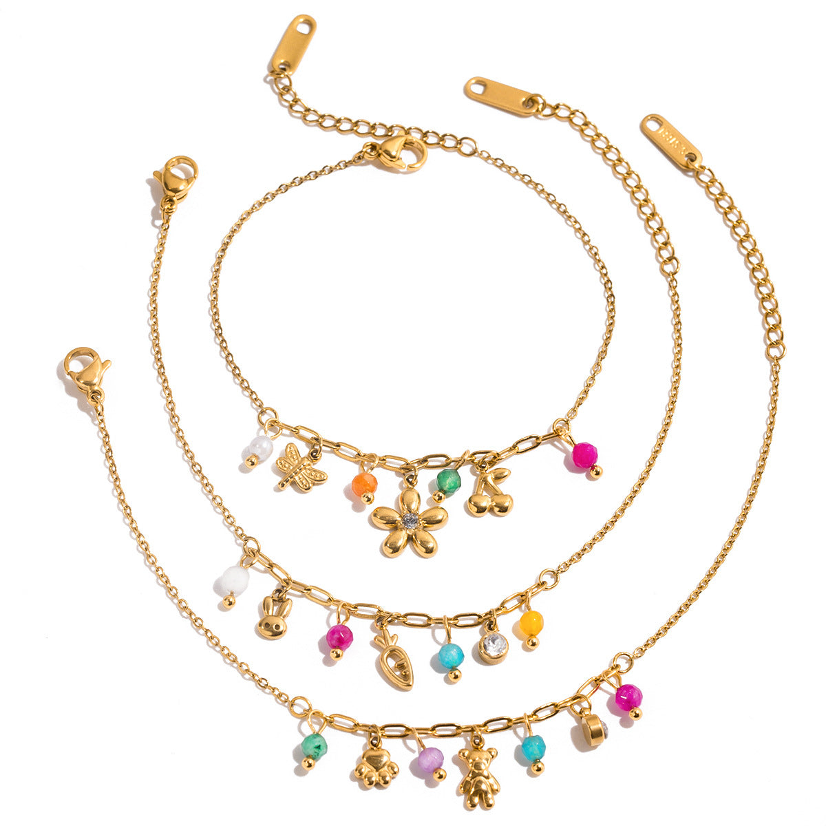 Wholesale  18K Gold Stainless Steel Colorfulful Stone Puppy Paw Print Bear Pendant with Diamonds Bracelet