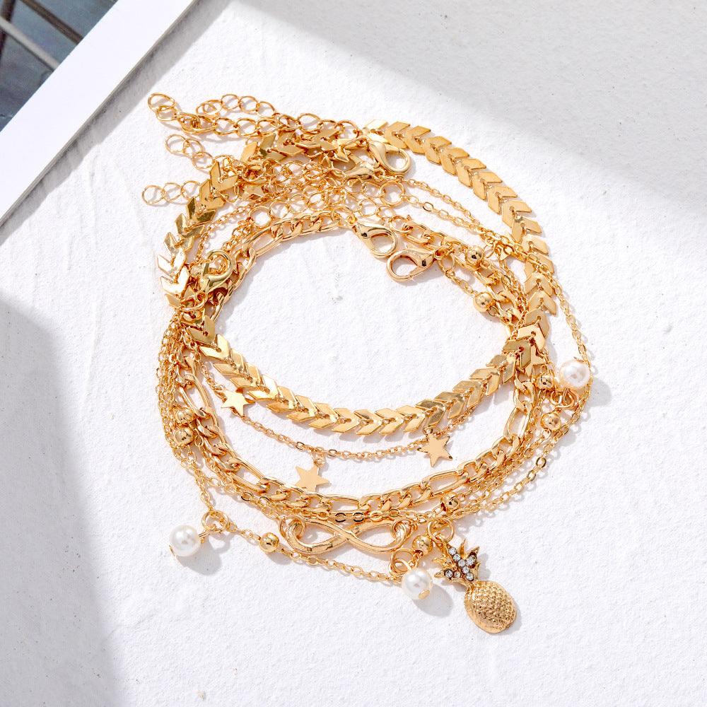 Wholesale Retro Beach Pineapple Pearl Layered Anklet Set For Women Fashion Jewelry Accessory Gift