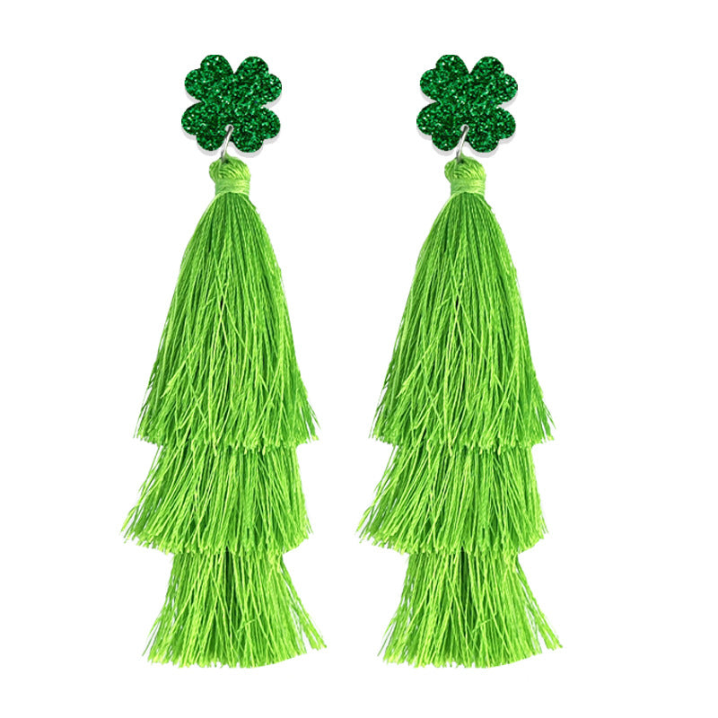 Wholesale 2 Pairs/pack St. Patrick Green Multi-layered Tassel Four-leaf Clover Earrings ACC-ES-HY211