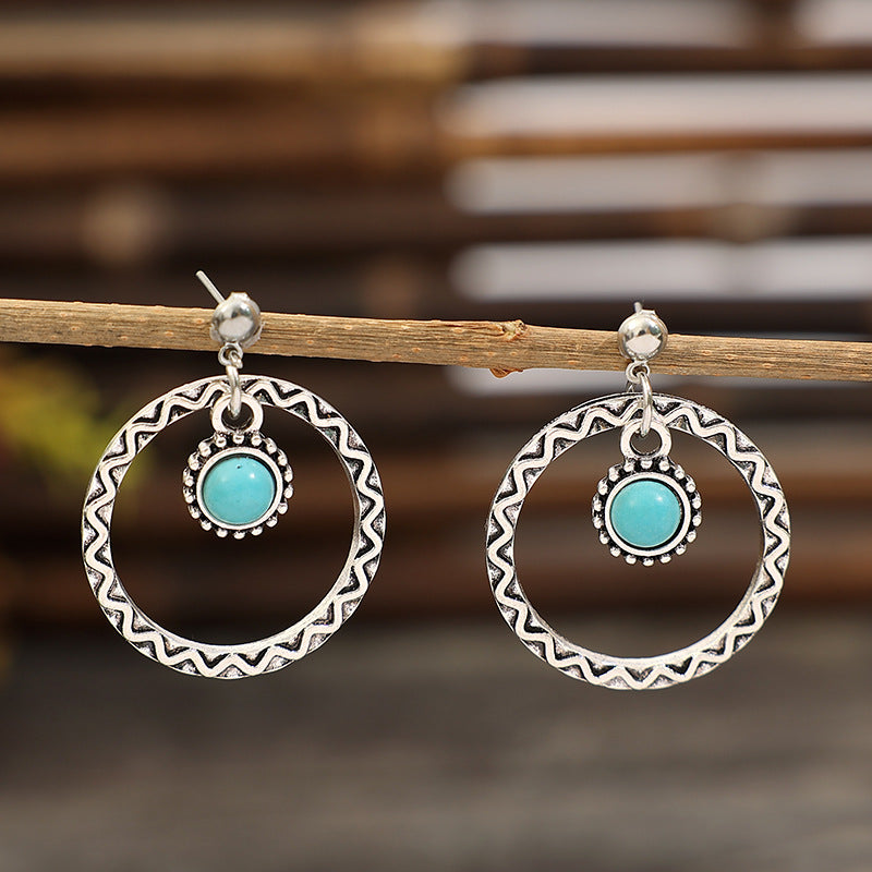 Wholesale retro round hollow inlaid turquoise fashion pendant earrings