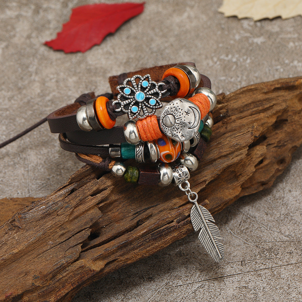 Wholesale Leather butterfly and feather pendant vintage multi-layer bracelet