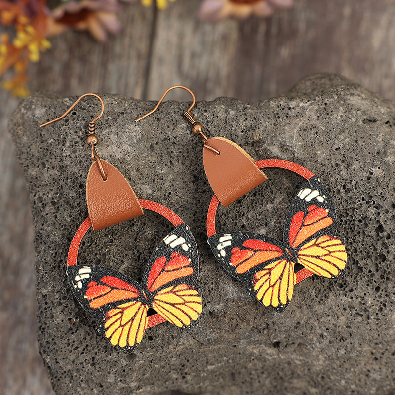 Wholesale Retro geometric circle stitching multi-color bow wooden Bohemian earrings