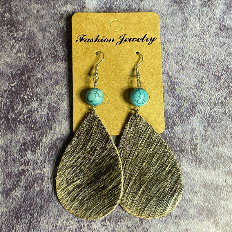 Wholesale Vintage Leather Earrings Western Style Long Teardrop Turquoise Stitching Earrings ACC-ES-XinChuan037
