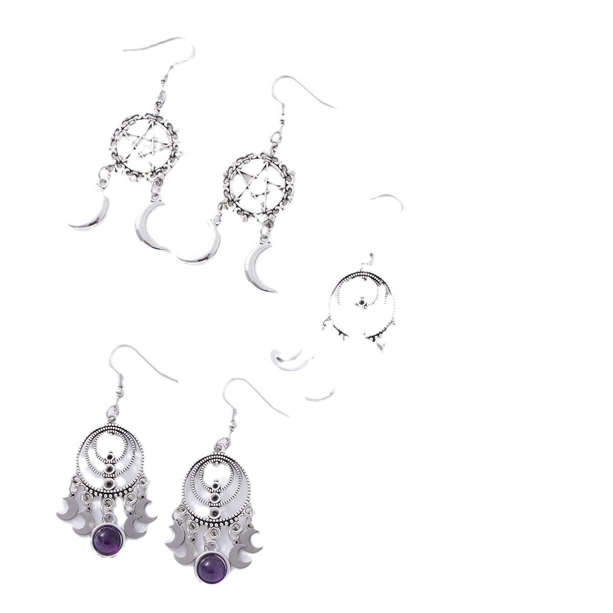 Wholesale Silver Moon and Star Pendant Earrings - Gothic Bohemian Style Fashion Accessory for Everyday Wear