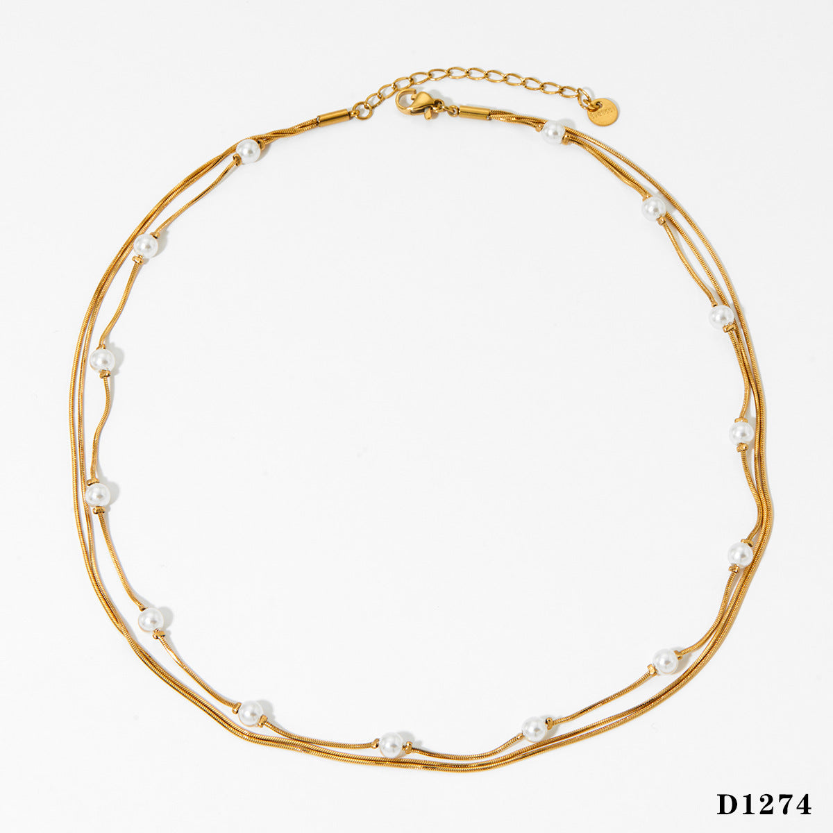 Wholesale  Stainless steel three layer pearl square snake chain necklace