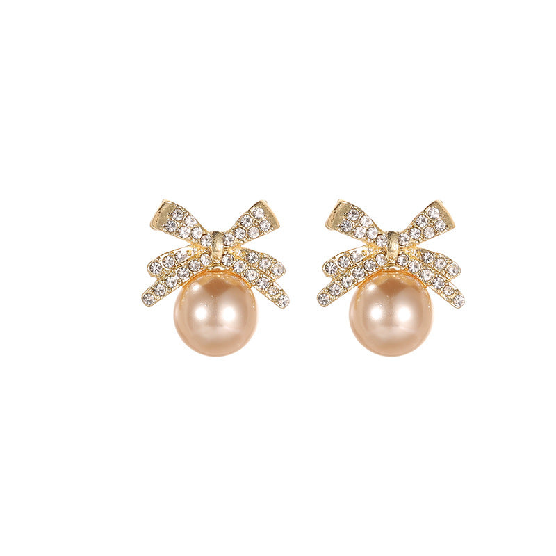 Wholesale Bow Pearl Full Diamond Earrings