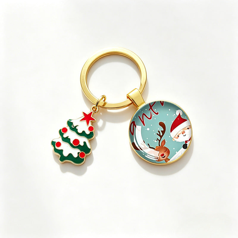 Wholesale Christmas Themed Metal Keychain Pendant With Epoxy Print Decorative Car Key Accessory Gift For Boutique Resale
